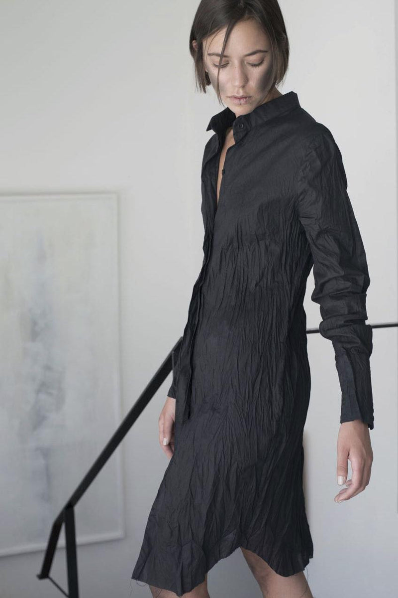 MANDARIN COLLAR TAILORED Buttoned Dress - BLACK